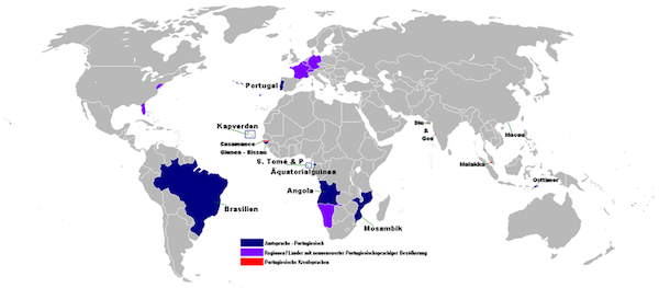 Weltkarte mit Ländern wo portugiesisch offizielle Sprache ist