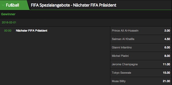 FIFA Präsidentschaftswahl 2016 Wetten Betway