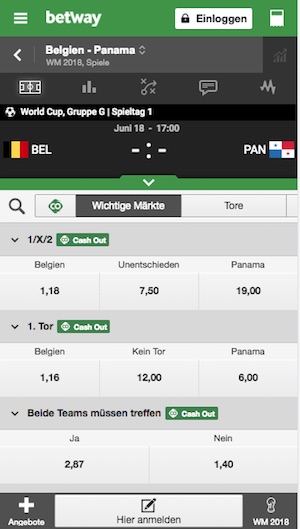 Betway Quoten zu Belgien gegen Panama WM 2018