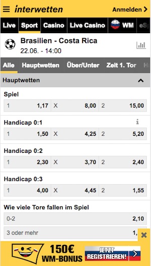 Brasilien gegen Costa Rica Quoten bei Interwetten