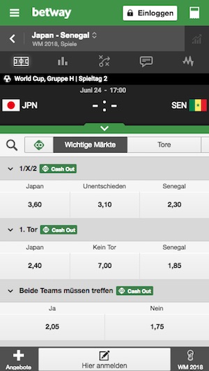 Japan gegen Senegal Quoten bei Betway