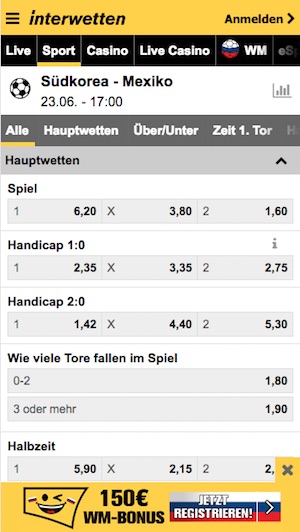 Südkorea gegen Mexiko Quoten bei Interwetten