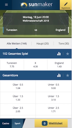 Tunesien gegen England Quoten bei Sunmaker