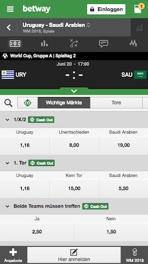 Uruguay gegen Saudi-Arabien Quoten bei Betway