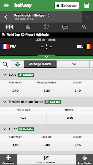 Frankreich gegen Belgien Quoten bei Betway