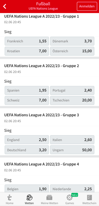 Quoten für die Gruppensieger in Liga A der UEFA Nations League 2022/23 bei Tipico